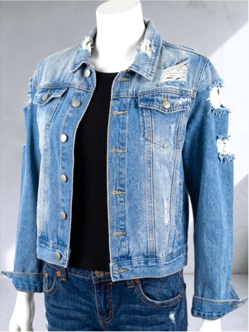 Distressed Blue Ripped Button-Up Denim Jacket – Size 8 - Picture 6 of 12